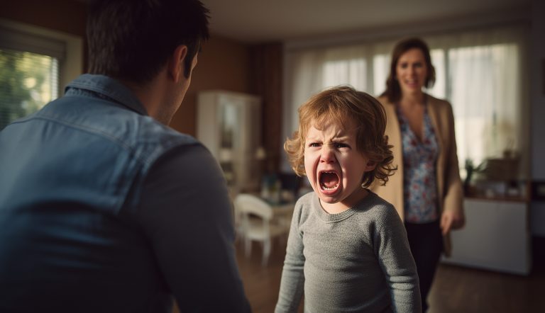 Angry screaming child with desperate parents