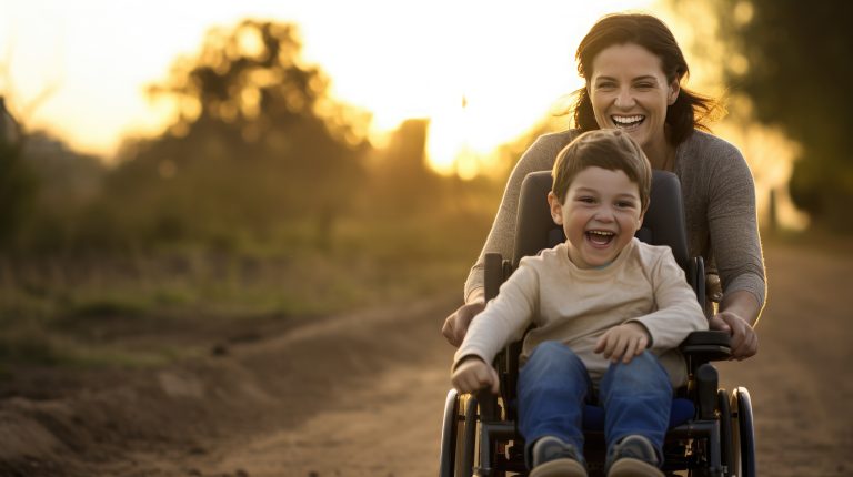 A beautiful little boy with a disability walks in a wheelchair with his mom at sunset